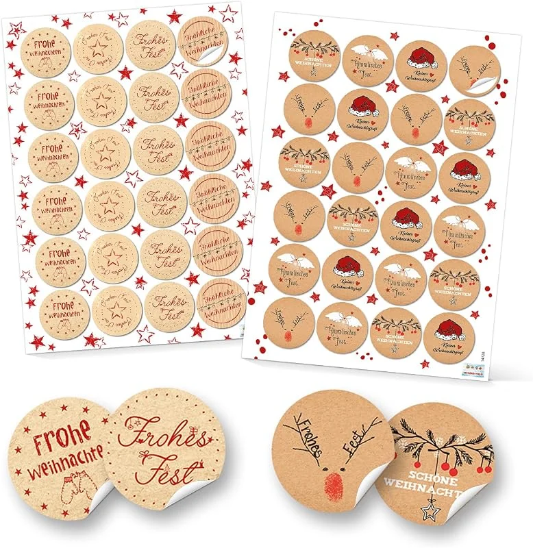 Visita la tienda de Logbuch-Verlag Juego de 48 pegatinas de Navidad para regalo, con texto "Frohe Weihnachten" en rojo, beige, negro y blanco, natural, aspecto de papel de estraza — Envoltorio regalo