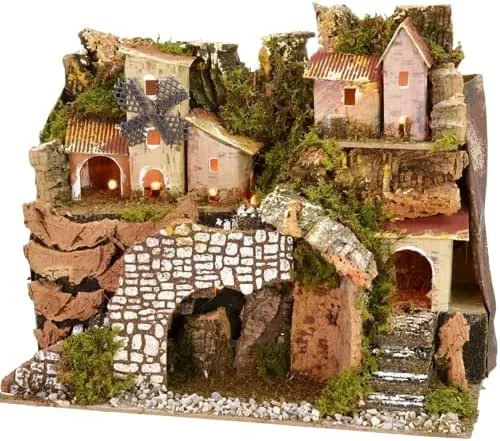 HolyRome Paisaje Belén Iluminado 28x15x23 cm – Pueblo Clásico Napolitano – Realizado en Corcho, Musgo y Madera – Hecho en Italia — Decoracion Navidad