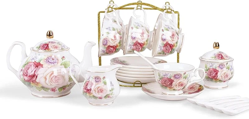 Visita la tienda de fanquare fanquare Juego de Té Europeo de 21 Piezas de Porcelana, Servicio de Café de Cerámica Rosa, Servicio de Té de Boda para Tarde de Té, Café — Adviento y mesa