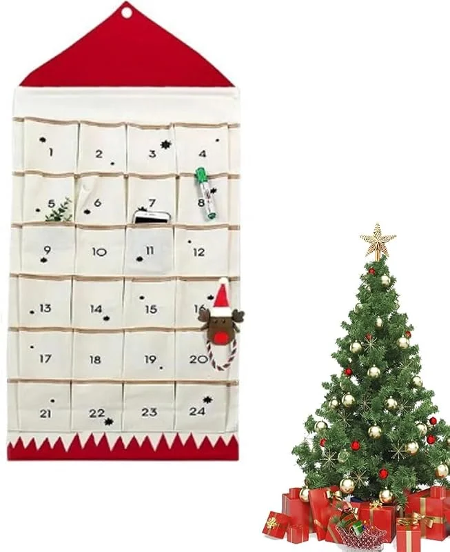 ViLiyDuo Calendario de Adviento con 24 bolsas de tela, Calendario de Adviento reutilizable de tela para rellenar, 120 * 50 cm, Calendario de Navidad para colgar, decoración navideña, accesorios para fiestas — Adviento y mesa