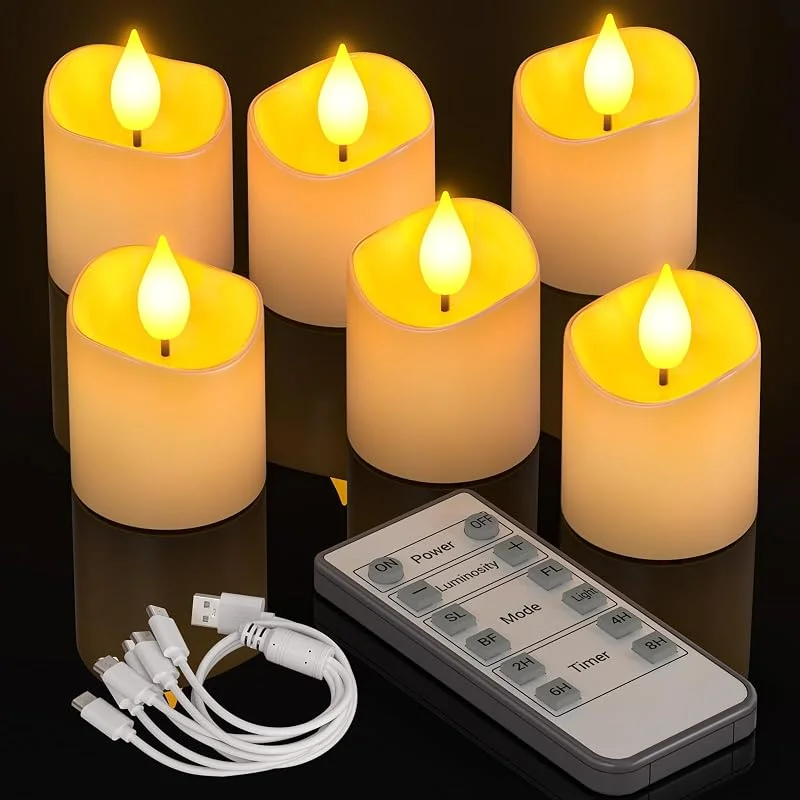Visita la tienda de PChero PChero Velas de té LED recargables con temporizador y mando a distancia, 6 unidades de velas votivas LED eléctricas parpadeantes sin llama con función de temporizador para Halloween Año Nuevo — Cena a la luz de velas