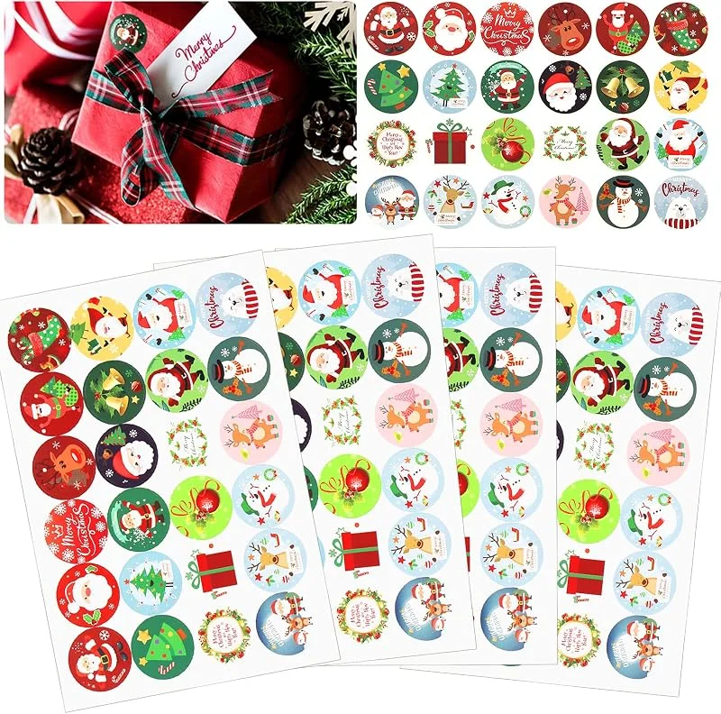 Johiux 96 Piezas Pegatinas Navidad, Pegatinas Navidad para Regalos, Pegatinas para Regalos Navidad, Pegatina Navidad Etiqueta Adhesiva Redonda para Sobres Cajas Tarjetas Decoración Navidad Envoltura Regalo — Envoltorio regalo