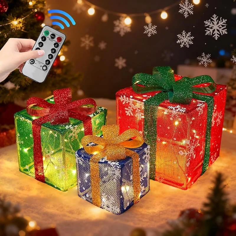 TUIBEIDAMAI Juego de 3 cajas de regalo decorativas de Navidad LED, decoración navideña, cajas de iluminación con mando a distancia, cajas de regalo de Navidad LED que funcionan con pilas, cajas de Navidad — Envoltorio regalo