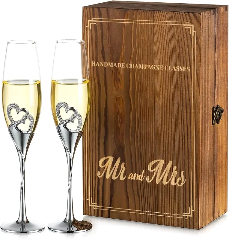 Visita la tienda de Nuptio Nuptio Copas champán personalizadas para bodas: con Caja Regalo Madera, Juego De 2 Copas Prosecco Cristal, Regalo de plata de Compromiso, Brindis, Aniversario y Fiesta Despedidas De Soltera — Vino y mesa festiva