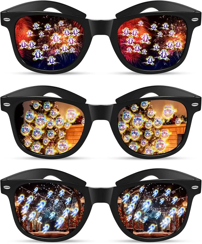 Beipegin 3PCS Gafas Navidad de Difracción, Gafas Fiesta Navidad con Efecto 3D Papá Noel Bastones Caramelo Hombre Jengibre, Diffraction Glasses para Fiesta Navideña Fuegos Artificiales Cotillón Navideño Regalos — Ropa Navidad