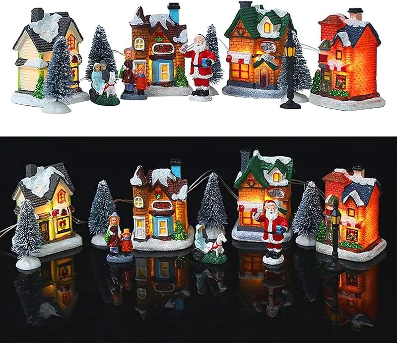 Mrisata Juego de Pueblo Navideño LED, Casas de Pueblo Navideñas de Resina con Figuras Decorativas, árboles de Colección de Construcción de Ciudad Navideña para Escena de Ciudad — Decoracion Navidad
