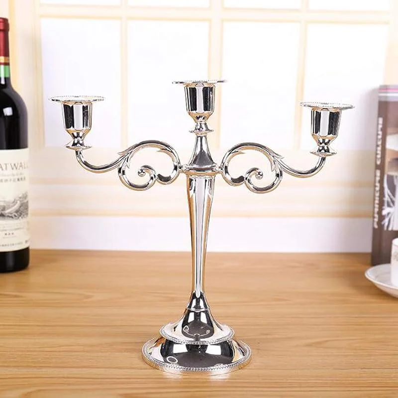 VOANZO Candelabro de Estilo Europeo, Candelabro de Metal con Tres Orificios para Bodas, Decoración del hogar (Plata) — Cena a la luz de velas