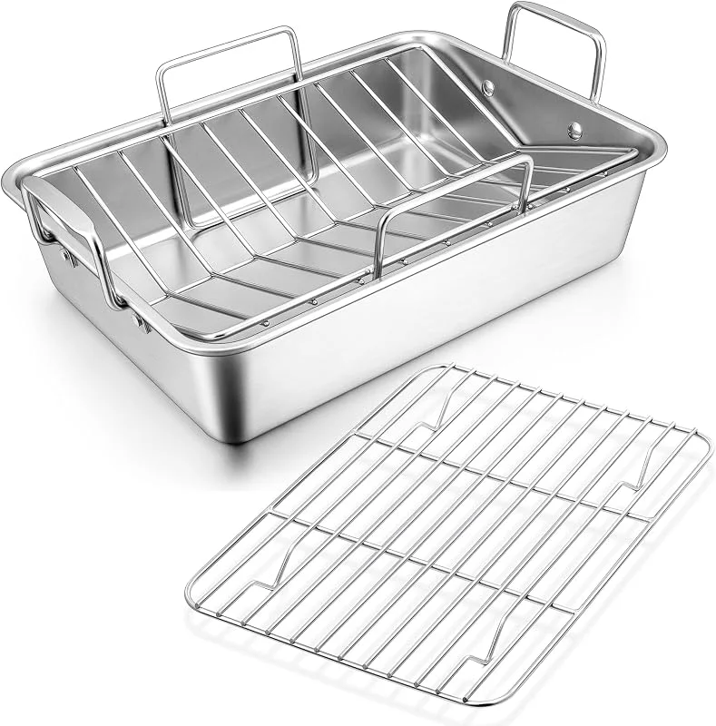 Joyfair - Fuente para horno con rejilla, rejilla de enfriamiento y rejilla en forma de V, juego de 3 unidades, 35, 8 x 26, 7 x 9 cm, rectangular profundo, cuenco sueco para pavos, carne, verduras, apto — Hogar y cocina