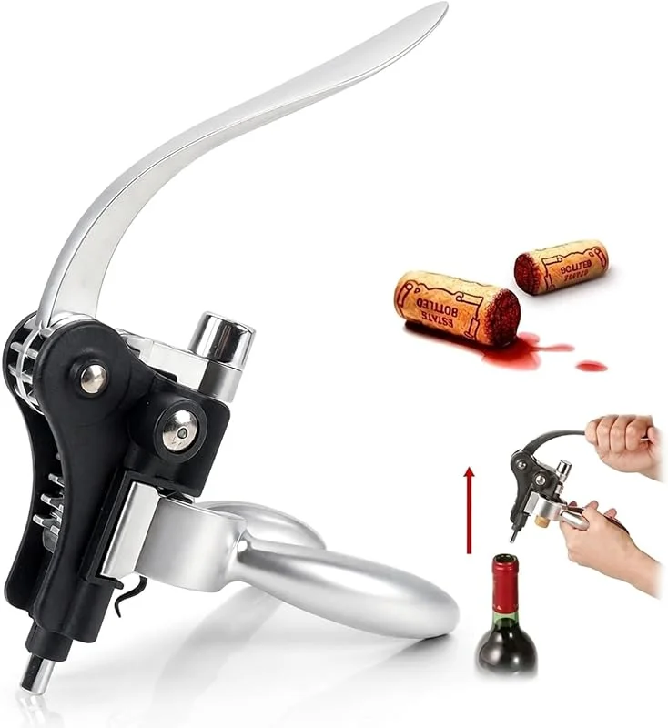 BRIOTA Abridor de botellas de vino estilo palanca de oreja de conejo, sacacorchos manual con espiral antiadherente, extractor de corcho fácil de tirar construido con aleación de zinc fuerte para uso diario — Vino y mesa festiva