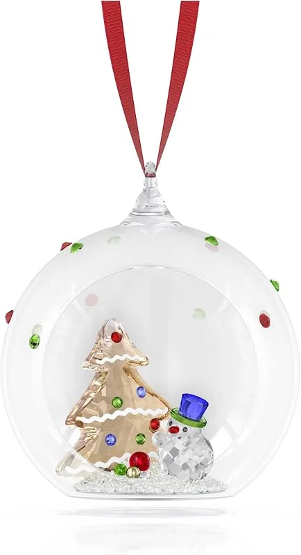 Swarovski Holiday Cheer, Decoración Bola con Árbol y Muñeco de Nieve, Figura de Bola de Cristal, Cinta de Grosgrain roja, 763 Facetas, Múltiples Colores y Detalles, Crystal Rocks con Efecto Moonlight — Decoracion Navidad