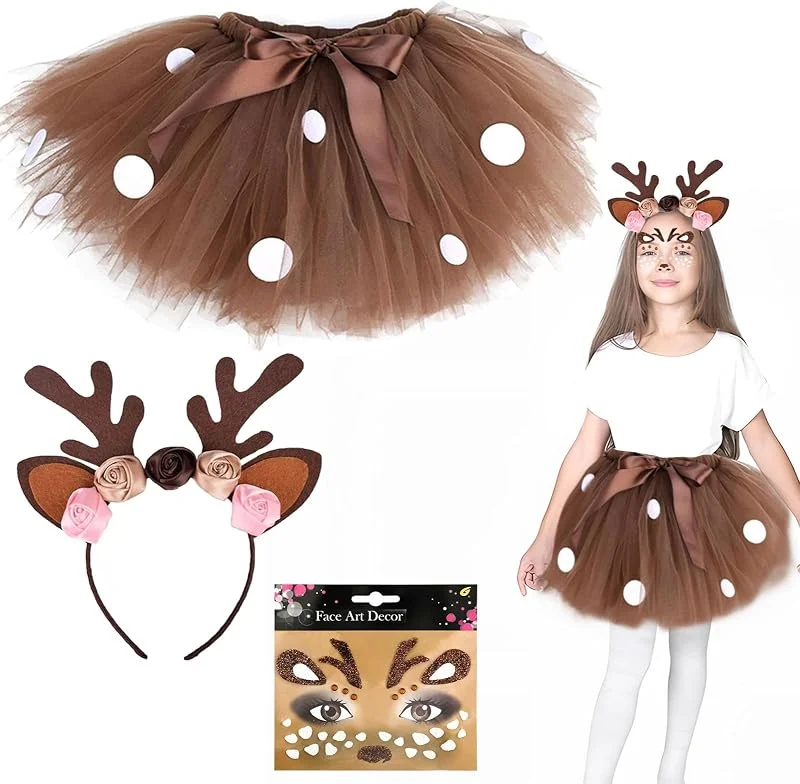 Meanju Disfraz de Reno para Niña, Falda Tutú+Diadema+Pegatinas arte Facial Reno, Complementos Disfraces para Carnaval Halloween Personajes de Cumpleaños, Fiestas Navidad — Ropa Navidad