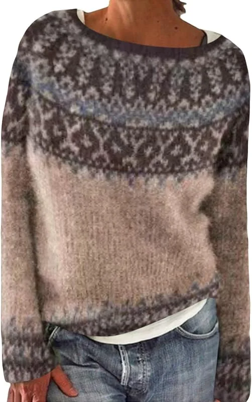 Generic HUIFUAO - Suéter Fair Isle para mujer, suéter de Navidad de gran tamaño, ropa de punto noruego, nórdico, islandés, cálido, grueso, vintage, manga larga, Z11 Caqui, L — Ropa Navidad