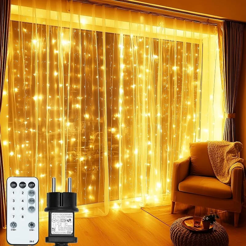 MAGGIFT Cortina de luces para interior y exterior, 3 × 3 m, 450 LED, cadena de luces para ventana con enchufe, mando a distancia, 8 modos, temporizador, regulable, resistente al agua, para fiestas al aire — Luces Navidad