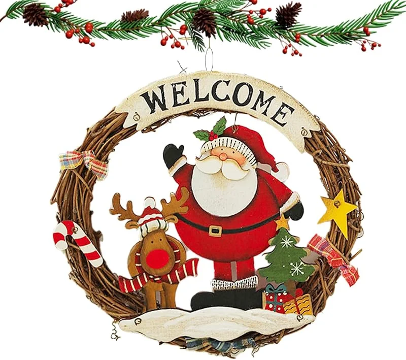 Spetsbst Corona de Navidad trenzada de 25 cm de diámetro, corona de Navidad, decoración para colgar en la puerta, Papá Noel, decoración de Navidad, corona de bienvenida para Navidad — Decoracion Navidad