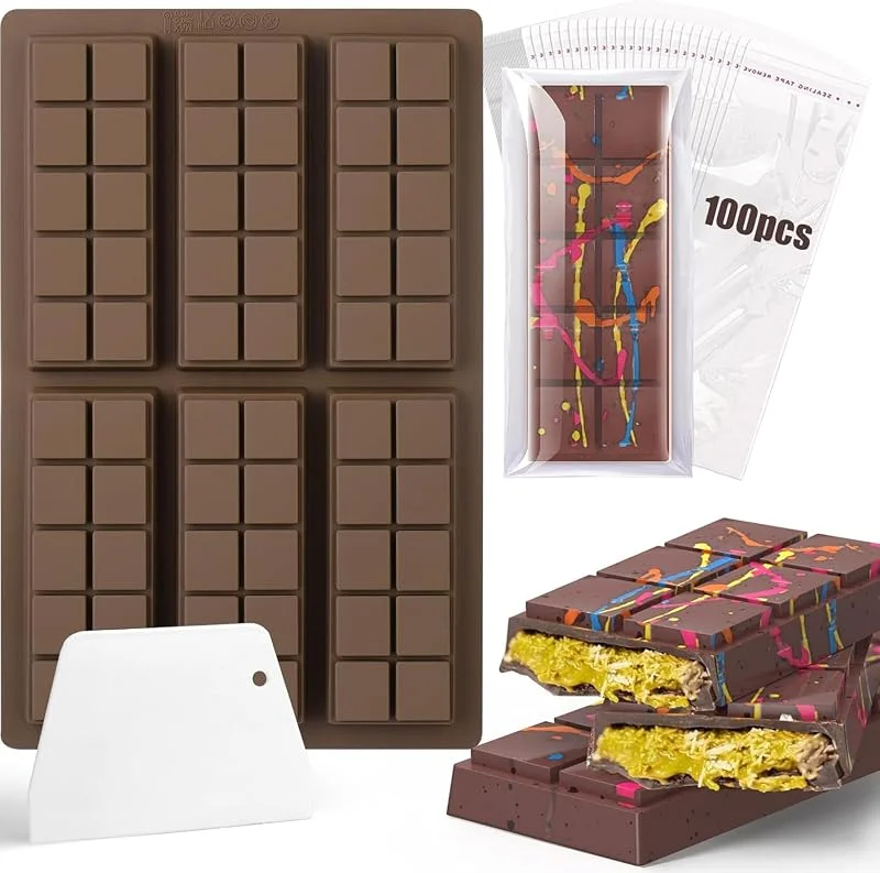 PacuM 6 Cavidades Moldes de Silicona Antiadherente Incluidas 100 Bolsas Plástico Turron Moldes para Barra de Chocolate para olicite Azúcar Chocolate Helado Pastel — Hogar y cocina