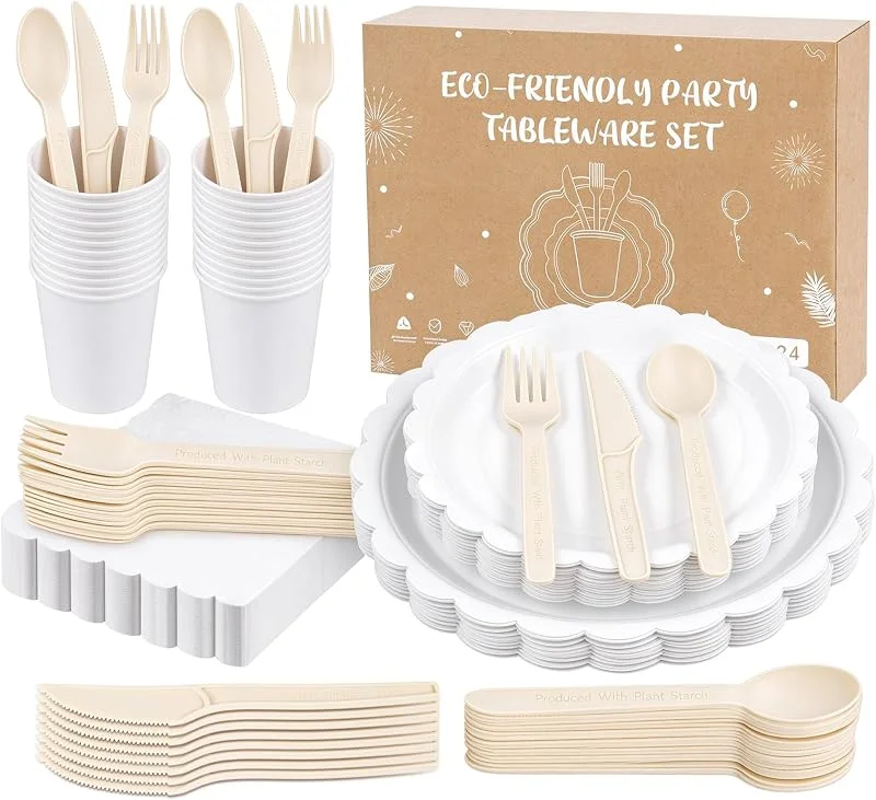 Anstore Blanco Platos Desechables Elegantes, 200 Platos De Papel Floral Vintage Con Borde Festoneado Para 25 Invitados, Vajilla Desechable Con Plato, Cuchara, Tenedor, Cuchillo, Vasos, Servilletas — Adviento y mesa
