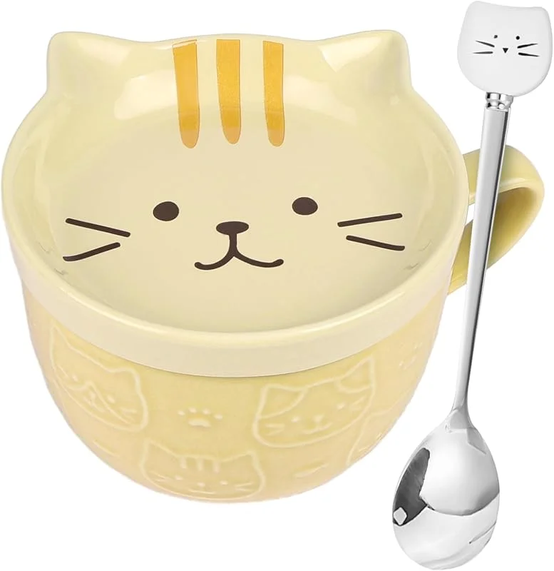 HOTUT Tazas de Café Gato con Tapas y Cuchara, 300ml Tazas de Café con Tapa para Gatos, Taza de Té de Cerámica de Animales Novedosos, Kawaii, Regalos de Cumpleaños de Navidad para Amigos — Adviento y mesa