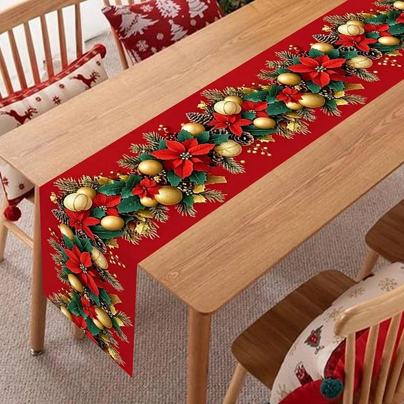 1 camino de mesa de Navidad de poliéster, 70.87 x 13.78 pulgadas, fondo rojo con estampado de flor de pascua dorada, decoración festiva para comedor, cocina, fiesta, decoración del hogar de Navidad — Adviento y mesa