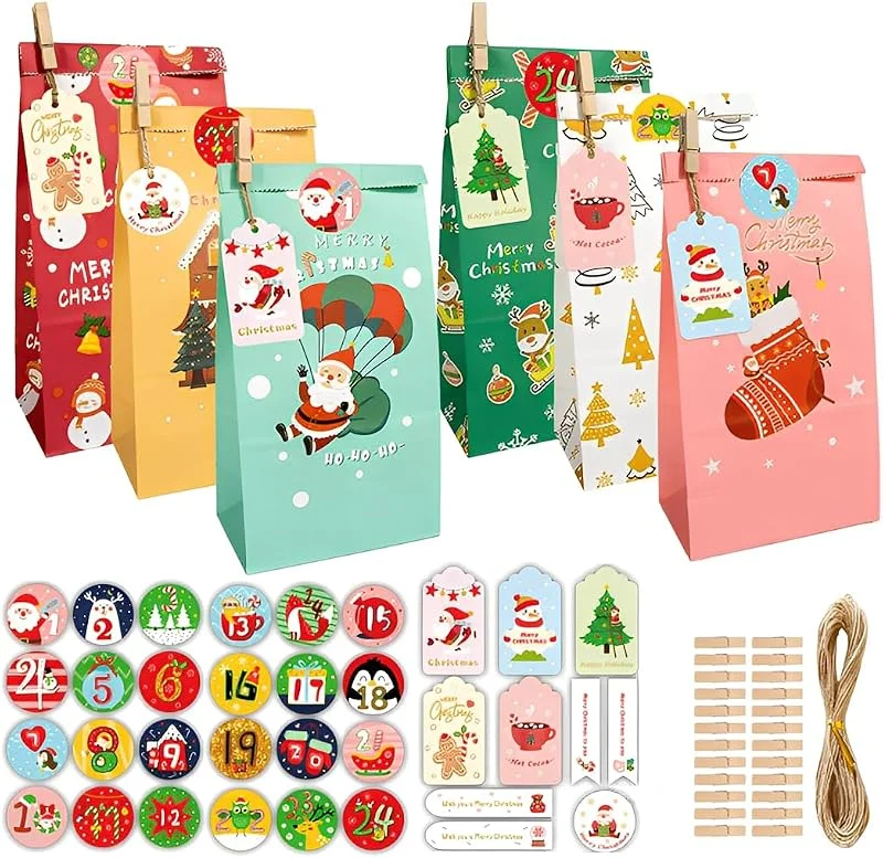 OIXYEY Calendario de Adviento para Rellenar DIY, Kit de 24 Bolsas de Papel Personalizable con Cuerda y Pinzas, Manualidades Navideñas para Niños y Adultos, Diversión Familiar para Navidad 2025 — Adviento y mesa