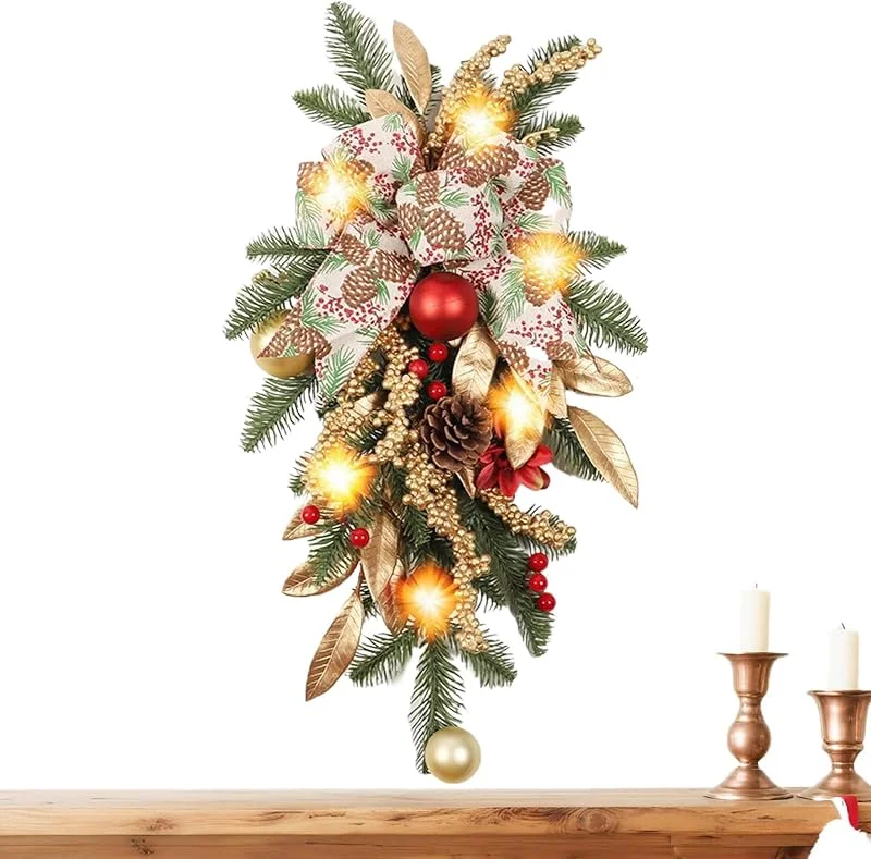 Generic Corona de puerta de Navidad, suministros de fiesta artificiales de 22 pulgadas con y piña, Decoración de Navidad para puerta delantera, para vacaciones, fiesta de cumpleaños, jardinería de — Decoracion Navidad