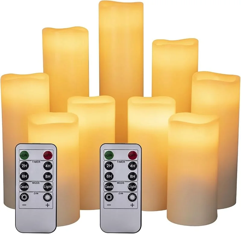 HANZIM LED Velas sin Llama 4 "5" 6 "7" 8 "9" Juego de 9 Pilas de Cera Real no de plástico 10 Teclas con 2, 4, 6, 8 Horas Función del Temporizador 300+ Horas (9x1, Marfil)… (9pack marfil blanco) — Luces Navidad