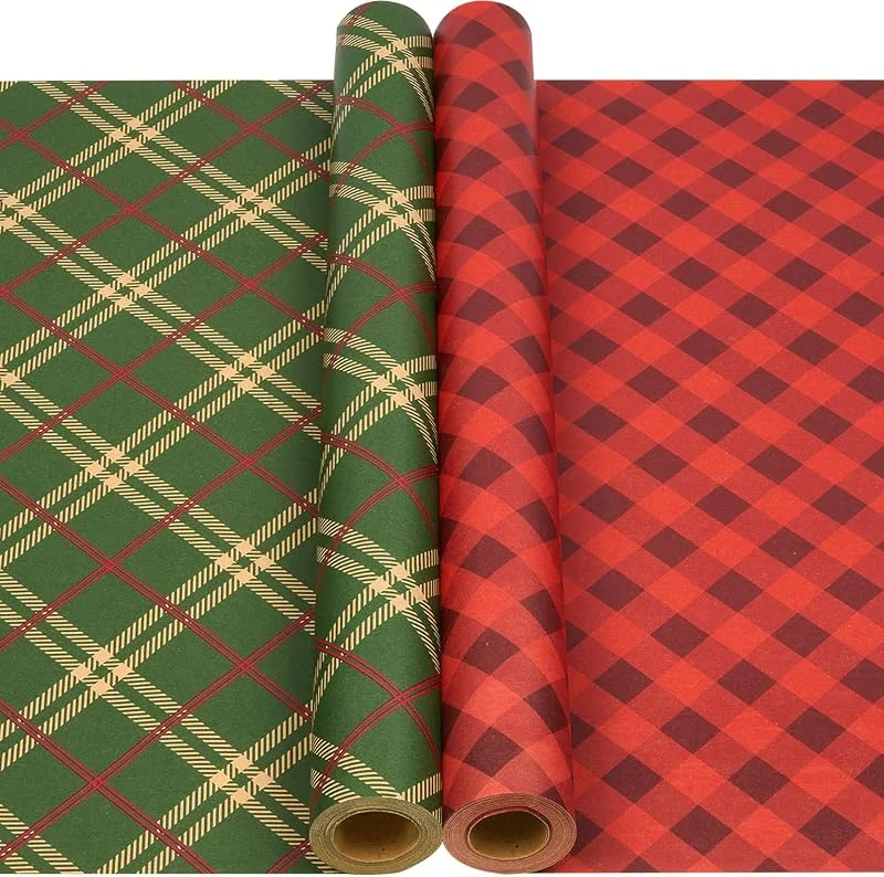 BESCMAX 2 rollos de papel de regalo navideño, 43 cm x 12 m, papel de regalo kraft rojo y verde con diseño de festival para decoración de fiestas de cumpleaños y Navidad. — Envoltorio regalo