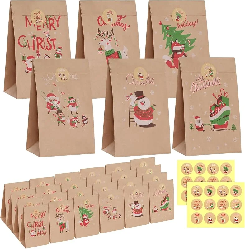Simpeak 24 Piezas Bolsas de Regalo, 6 Estilos Navidad Bolsas de Papel Kraft, Bolsas Kraft con 24 Pegatinas Bolsas Papel Regalo para Navidad - 24 x 13 x 8 cm — Envoltorio regalo
