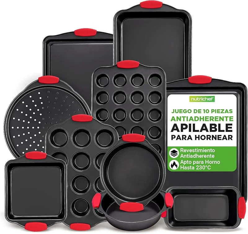 Visita la tienda de NutriChef Nutrichef juego de 10 moldes, Utensilios horno, Baking set, Reposteria, Antiadherentes, Libres de PFOA, PFOS, PFTEE, Aptos para hornos hasta 230°C (450°F), Mangos de silicona — Hogar y cocina