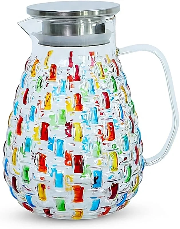 Puremagics Jarra de cristal pintada a mano con tapa de acero inoxidable, diseño de tejido colorido, jarra de agua, jarra de té frío, jarra para agua caliente o fría, zumo y — Vino y mesa festiva