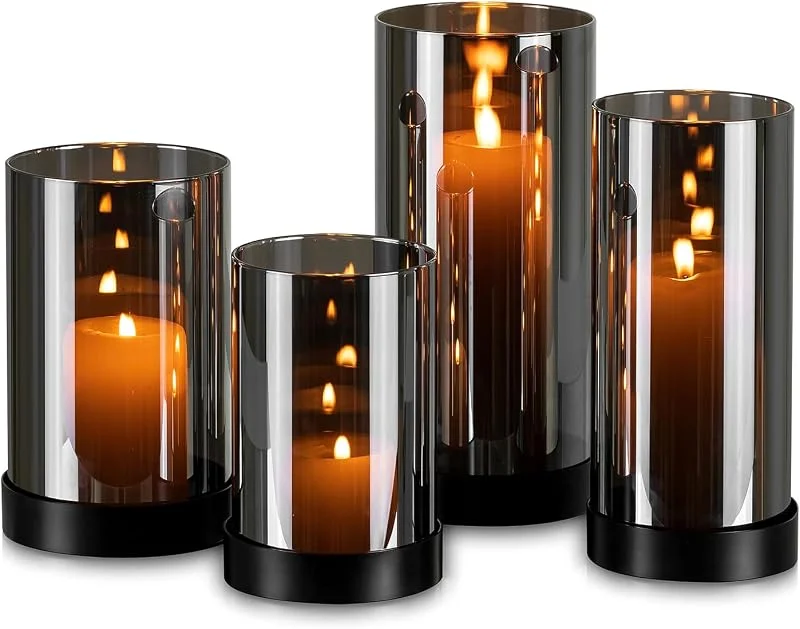 Glasseam Portavelas De Cristal HuracáN: Negro Candelabros para Velas De Pilar Juego De 4 Metal Pilar Candelabro Bandeja con Cilindro De Vidrio HuracáN Portavelas para DecoracióN del Hogar SalóN Mesa — Cena a la luz de velas