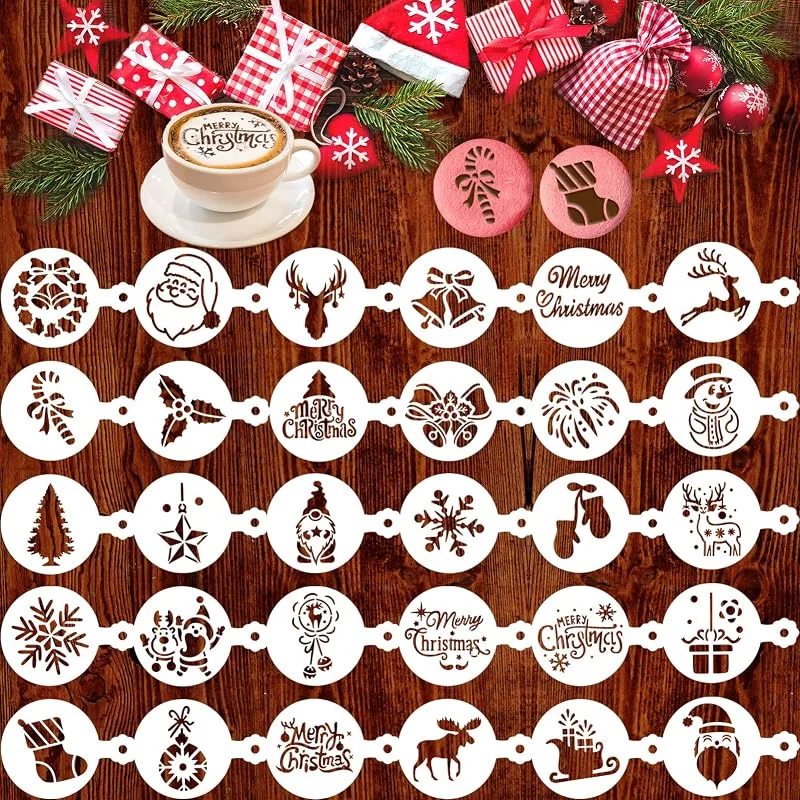 Qpout 30 moldes para hornear galletas de Navidad, fondant, decoración de café, decoración de Navidad, árbol de Navidad, copo de nieve, campana, plantillas de pintura de plástico — Hogar y cocina