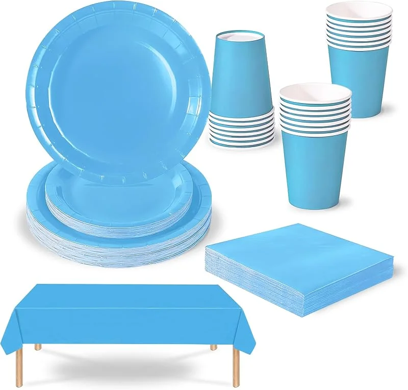 COSORO 69 piezas Azul Claro Platos Desechable Juego de Vajilla Desechable Decoración Cumpleaños Fiesta, Platos Servilletas Copa de Papel y Mantel, para Bodas, Picnics, Baby Shower, Biodegradable, Compostables — Adviento y mesa