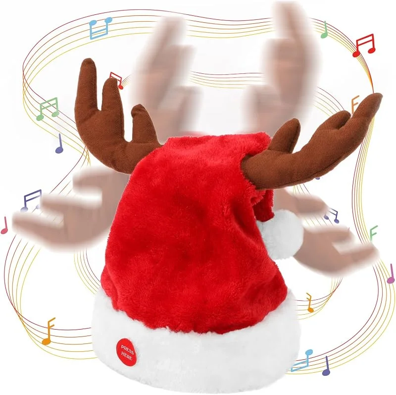 Gfilay Sombrero eléctrico de Papá Noel cantando y bailando con cuernos de reno, divertido y novedoso musical interactivo, sombreros de Navidad agitando y cantando para adultos y niños, regalo de — Ropa Navidad