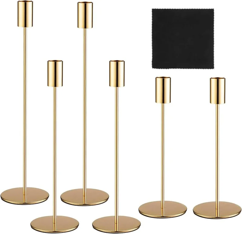 YUNXCNA Candelabros de Metal, 6 Piezas Candelabro Dorado, 3 Candelabro Cilíndrico de Diferentes Alturas, con Terciopelo, candelabro Dorado, para Boda, Decoración del Hogar, Cena a la Luz de Las Velas — Cena a la luz de velas